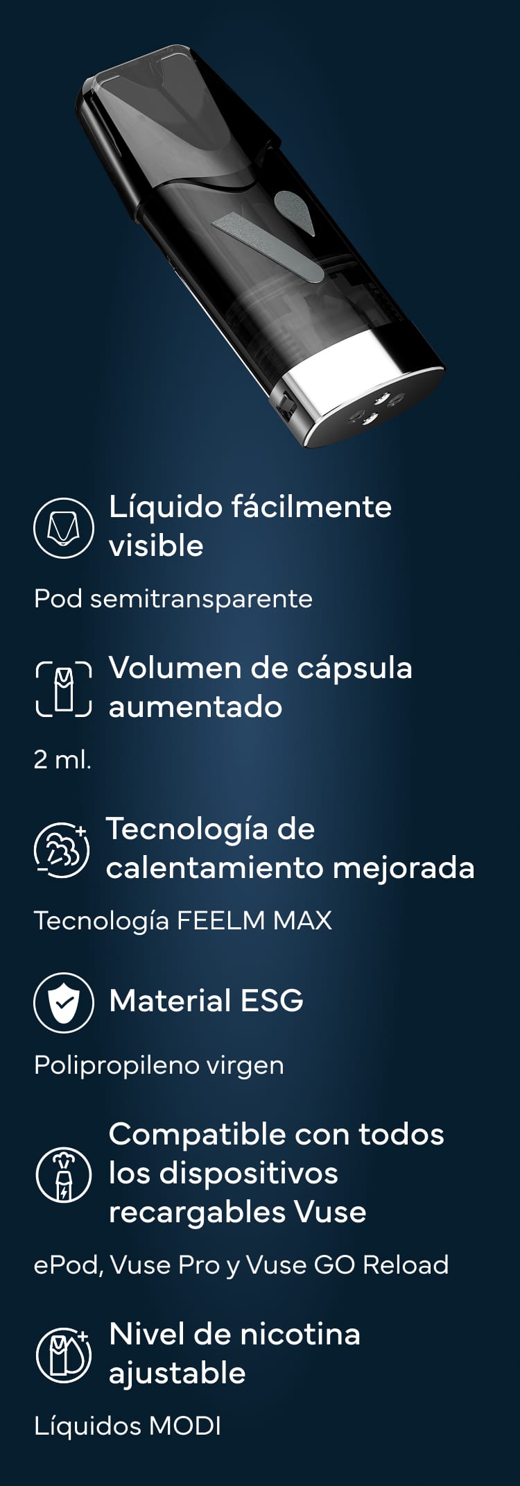 Una vape pod negra con una sección transparente se muestra sobre el texto en español enumerando características, incluyendo líquido visible, capacidad de 2ml, tecnología de calentamiento FEELM MAX, polipropileno virgen, compatibilidad con Vuse y nicotina ajustable.