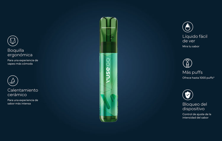 Un bolígrafo vape verde está centrado sobre un fondo azul oscuro. A su alrededor se enumeran cuatro características en español: boquilla ergonómica, calentamiento cerámico, líquido visible, hasta 1000 caladas y bloqueo del dispositivo.