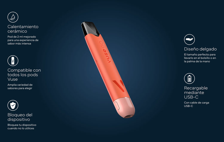 Un cigarrillo electrónico Vuse de color coral se centra en un fondo azul oscuro, rodeado de iconos y texto que destacan su calentamiento cerámico, compatibilidad con cápsulas, bloqueo del dispositivo, diseño delgado y recarga USB-C.