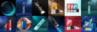Un collage de productos de vapeo Vuse, incluidos varios bolígrafos de vapeo, cartuchos y coloridos envases, dispuestos en una cuadrícula con fondos vibrantes y efectos visuales dinámicos.