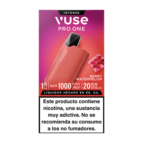 Vuse Pro One Box - Frutos Rojos y Sandía vapeador de Vuse, envase rojo con imágenes de frutos rojos y sandía. Compatible con recargas Vuse. Advertencia de nicotina en español: Este producto contiene nicotina, una sustancia muy adictiva...