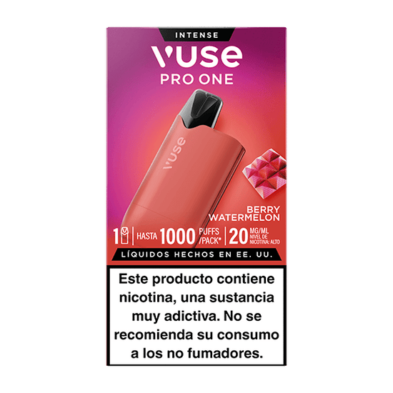Vuse Pro One Box - Frutos Rojos y Sandía vapeador de Vuse, envase rojo con imágenes de frutos rojos y sandía. Compatible con recargas Vuse. Advertencia de nicotina en español: Este producto contiene nicotina, una sustancia muy adictiva...