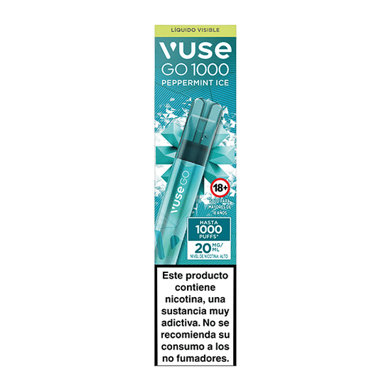 El Vuse Go 1000 - Menta Ice de Vuse presenta un envase de color verde azulado en el que se muestra el dispositivo, hasta 1000 caladas, 20 mg/ml de nicotina y una advertencia en español sobre su naturaleza adictiva y que no está recomendado para no fumadores.