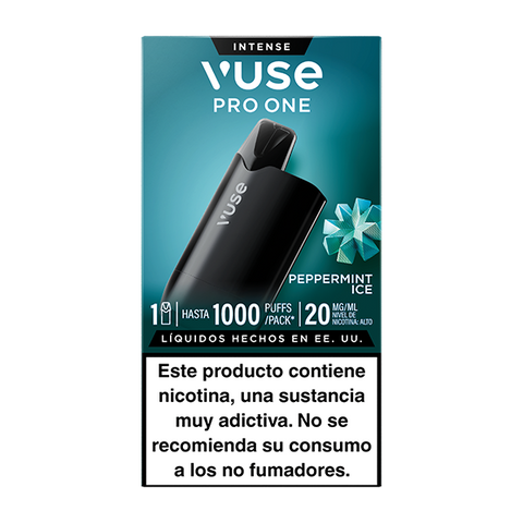 Caja Vuse Pro One Box - Menta Ice de Vuse, compatible con recargas Vuse, hasta 1000 caladas y 20 mg/ml nicotina. Advertencia: Contiene nicotina, sustancia muy adictiva. No recomendado para no fumadores.
