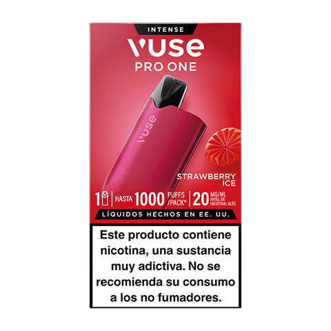 Una caja Vuse Pro One Box - Fresa Ice de Vuse. El empaque rojo muestra el dispositivo reutilizable y una fresa. Contiene nicotina, es adictivo y no recomendado para no fumadores. Compatible con recargas Vuse.