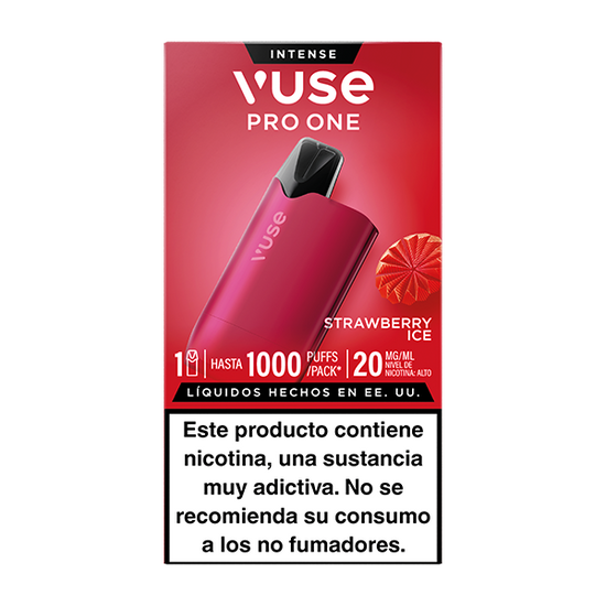 Una caja Vuse Pro One Box - Fresa Ice de Vuse. El empaque rojo muestra el dispositivo reutilizable y una fresa. Contiene nicotina, es adictivo y no recomendado para no fumadores. Compatible con recargas Vuse.