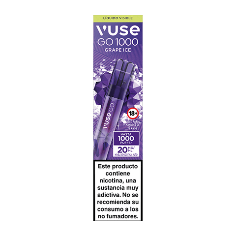 Caja de vaper desechable Vuse Go 1000 - Uva Ice en tonos morados, marca Vuse. Incluye advertencia sanitaria en español sobre su contenido adictivo y la recomendación de no usarlo si no eres fumador.