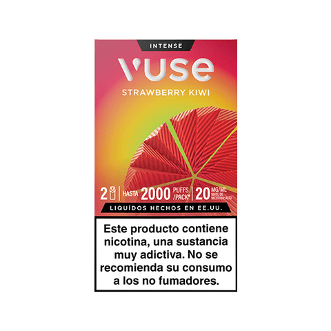 Caja de cartuchos de vapeo con la etiqueta Vuse Pods - Fresa y Kiwi de Vuse, con un diseño de frutas rojas y verdes. El texto indica hasta 2000 caladas, 20mg/ml de nicotina, e incluye una advertencia en español sobre la adicción a la nicotina.