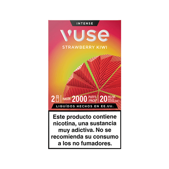 Caja de cartuchos de vapeo con la etiqueta Vuse Pods - Fresa y Kiwi de Vuse, con un diseño de frutas rojas y verdes. El texto indica hasta 2000 caladas, 20mg/ml de nicotina, e incluye una advertencia en español sobre la adicción a la nicotina.