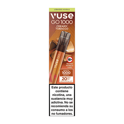Caja de Vaper desechable Vuse Go 1000 - Tabaco de la marca Vuse, con sabor a tabaco cremoso, imagen del dispositivo, advertencia en español, mensaje "18+", hasta 1000 inhalaciones y 20 mg/ml de nicotina.