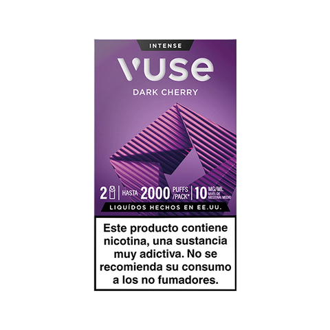 Empaque púrpura de Vuse Pods - Dark Cherry de la marca Vuse. Indica 2000 inhalations, 10 mg/ml de nicotina y contiene una advertencia en español sobre los riesgos de la nicotina.