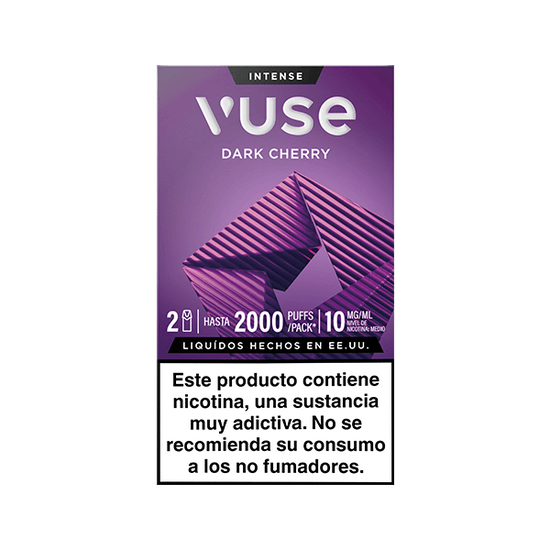 Empaque púrpura de Vuse Pods - Dark Cherry de la marca Vuse. Indica 2000 inhalations, 10 mg/ml de nicotina y contiene una advertencia en español sobre los riesgos de la nicotina.