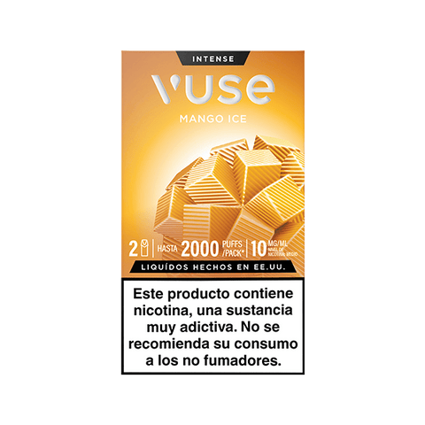 Caja de Vuse Pods - Mango Ice con diseño geométrico amarillo y naranja. Indica hasta 2000 puff por dispositivo, 10 mg/ml de nicotina y advertencia en español sobre los riesgos de la nicotina.