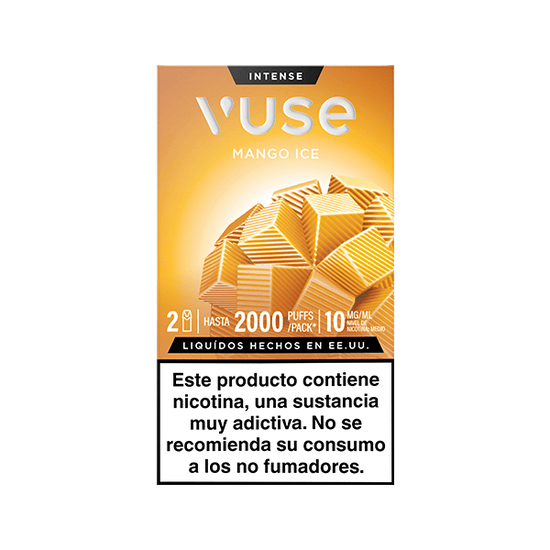 Caja de Vuse Pods - Mango Ice con diseño geométrico amarillo y naranja. Indica hasta 2000 puff por dispositivo, 10 mg/ml de nicotina y advertencia en español sobre los riesgos de la nicotina.