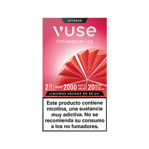 Un envase rectangular de Vuse Pods - Fresa Ice de Vuse, con un diseño rosa y rojo con una imagen geométrica de fresas, advierte en español de que contiene nicotina y no es para no fumadores.