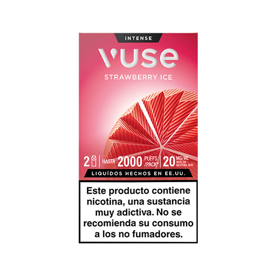 Un envase rectangular de Vuse Pods - Fresa Ice de Vuse, con un diseño rosa y rojo con una imagen geométrica de fresas, advierte en español de que contiene nicotina y no es para no fumadores.
