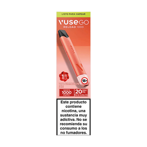 En el envase se muestra un vapeador Vuse Go Reload 1000 - Sandía Ice de Vuse, con un diseño compacto, "hasta 1000 caladas", "20 mg/ml" y una advertencia de nicotina en español sólo para adultos.