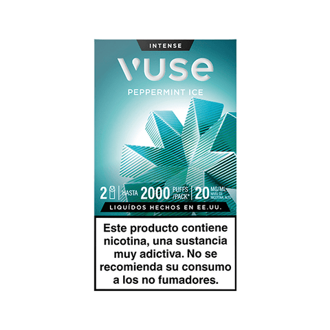 Caja de Vuse Pods - Menta Ice de Vuse con hojas de menta geométricas azules en el envase. Las etiquetas indican 2000 caladas, 20mg/ml de nicotina. Advertencia en español: contiene nicotina, no recomendado para no fumadores.
