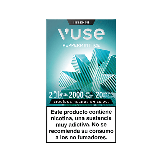Caja de Vuse Pods - Menta Ice de Vuse con hojas de menta geométricas azules en el envase. Las etiquetas indican 2000 caladas, 20mg/ml de nicotina. Advertencia en español: contiene nicotina, no recomendado para no fumadores.