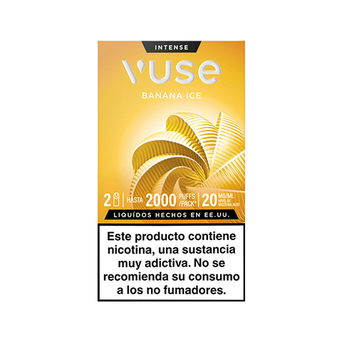 Caja de Vuse Pods - Banana Ice de la marca Vuse, fondo amarillo con plátanos dorados. Indica 2000 inhalations, 20 mg/ml nicotina and advertencia in English: "Este producto contiene nicotina, no apto para no fumadores.