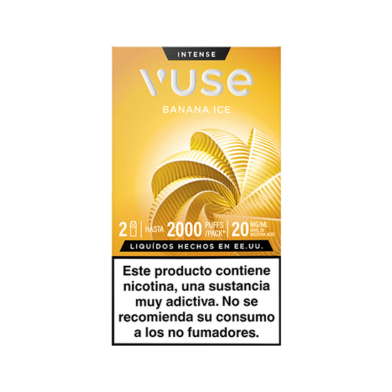 Caja de Vuse Pods - Banana Ice de la marca Vuse, fondo amarillo con plátanos dorados. Indica 2000 inhalations, 20 mg/ml nicotina and advertencia in English: "Este producto contiene nicotina, no apto para no fumadores.
