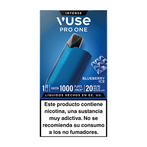 Estuche Vuse Pro One Box - Arándano Ice, dispositivo reutilizable con advertencia en español sobre nicotina y recomendación de uso solo para fumadores. Compatible con recargas Vuse.