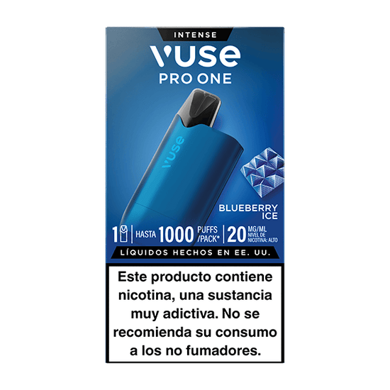 Estuche Vuse Pro One Box - Arándano Ice, dispositivo reutilizable con advertencia en español sobre nicotina y recomendación de uso solo para fumadores. Compatible con recargas Vuse.