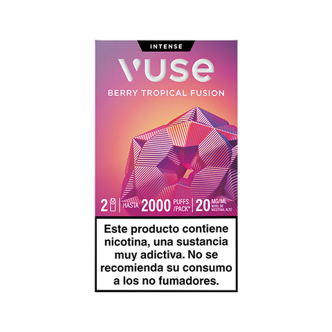 Vuse Pods: paquete de cigarrillos electrónicos desechables Berry Tropical Fusion, con una indicación de 2.000 caladas y una advertencia sanitaria sobre la nicotina en español.