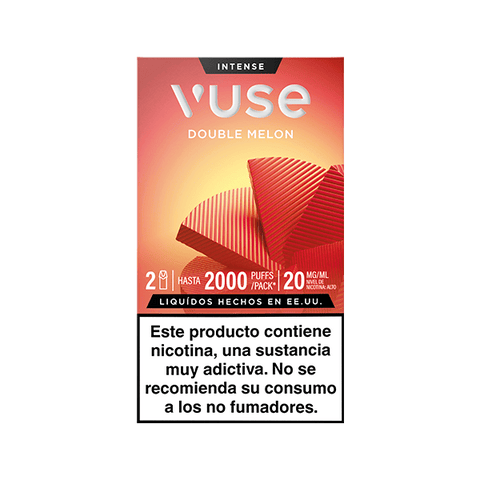 Envase rojo de Vuse Pods - Doble Melón de Vuse, con estilizadas rodajas de melón. El texto indica hasta 2000 caladas, 20 mg/ml de nicotina, además de una advertencia en español sobre la adicción a la nicotina y que no es para no fumadores.