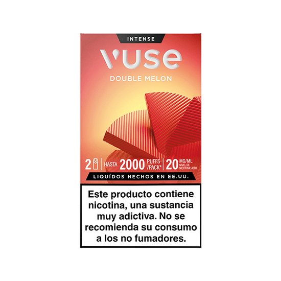 Envase rojo de Vuse Pods - Doble Melón de Vuse, con estilizadas rodajas de melón. El texto indica hasta 2000 caladas, 20 mg/ml de nicotina, además de una advertencia en español sobre la adicción a la nicotina y que no es para no fumadores.