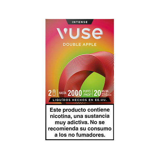El envase de Vuse Pods - Doble Manzana muestra información sobre el producto: 2 ml, hasta 2000 caladas, 20 mg/ml nicotina. La etiqueta inferior en español advierte de que la nicotina es adictiva y no está recomendada para no fumadores.