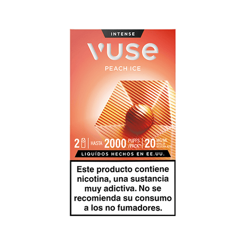 Caja de Vuse Pods - Melocotón Ice, fondo naranja con esfera metálica y líneas geométricas. Incluye advertencia: "Este producto contiene nicotina, una sustancia muy adictiva. No se recomienda a no fumadores".