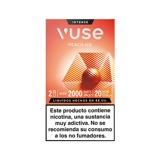 Caja de Vuse Pods - Melocotón Ice, fondo naranja con esfera metálica y líneas geométricas. Incluye advertencia: "Este producto contiene nicotina, una sustancia muy adictiva. No se recomienda a no fumadores".