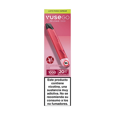 El Vuse Go Reload 1000 - Fresa Ice de Vuse es un dispositivo recargable de color rosa, 20 mg/ml de nicotina, hasta 1000 caladas; contiene nicotina-advertencia: no apto para no fumadores o menores. Compatible con recargas de sabor.