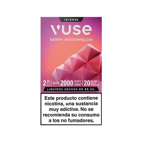 Caja de Vuse Pods - Frutos Rojos y Sandía de Vuse, con diseño geométrico rosa y etiqueta "Intense". El texto indica 2000 caladas, 20 mg/ml de nicotina y una advertencia en español sobre la adicción; no apto para no fumadores.