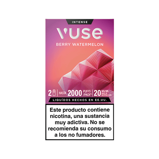 Caja de Vuse Pods - Frutos Rojos y Sandía de Vuse, con diseño geométrico rosa y etiqueta "Intense". El texto indica 2000 caladas, 20 mg/ml de nicotina y una advertencia en español sobre la adicción; no apto para no fumadores.