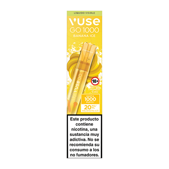 El vapeador desechable Vuse Go 1000 - Banana Ice de Vuse ofrece 1000 caladas, 20 mg/ml de nicotina, una ventana de líquido visible y muestra una advertencia sanitaria española sobre la adicción a la nicotina en la parte inferior de su envase amarillo.