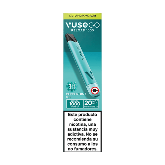 A turquoise Vuse GO RELOAD 1000 - Menta Ice vape pen box (20mg/ml), dispositivo recargable para adultos (18+) con advertencia en español sobre la nicotina y recargas de sabor convenientes. Marca: Vuse.