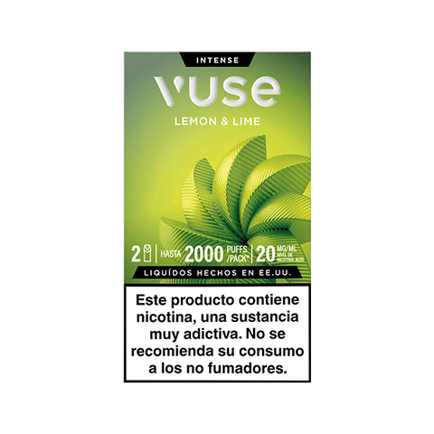 El envase de Vuse Pods - Lima Limón presenta gráficos de hojas verdes, "Intense", hasta 2000 caladas/paquete, 20 mg/ml, y una advertencia de nicotina en español sobre el riesgo de adicción para los no fumadores.