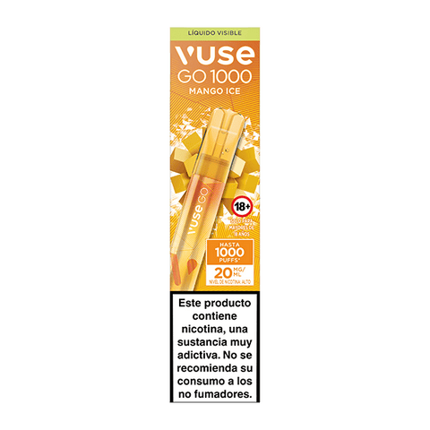 Una caja de Vuse Go 1000 - Mango Ice de Vuse, con un atrevido diseño amarillo-naranja. Incluye 1000 caladas, 20 mg de nicotina y una advertencia en español. Para mayores de 18 años.