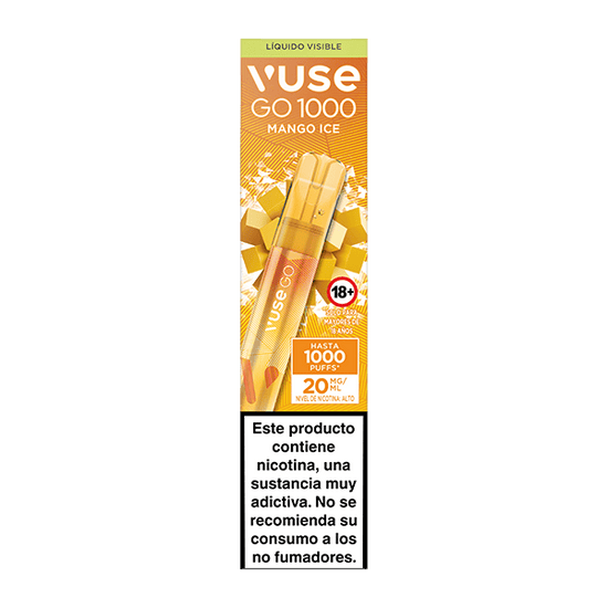 Una caja de Vuse Go 1000 - Mango Ice de Vuse, con un atrevido diseño amarillo-naranja. Incluye 1000 caladas, 20 mg de nicotina y una advertencia en español. Para mayores de 18 años.