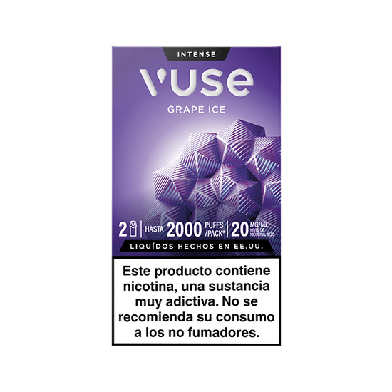 Caja morada de Vuse Pods - Uva Ice de Vuse con formas geométricas. El texto indica hasta 2000 caladas, 20 mg/ml de nicotina. Advertencia en español indica que contiene nicotina y no es para no fumadores.