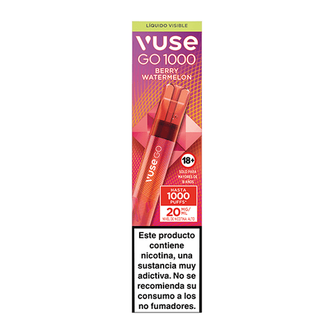 El Vuse Go 1000 - Frutos Rojos y Sandía se presenta en un envase rectangular, con 1000 caladas, 20 mg/ml de nicotina y una advertencia en español sobre la adicción a la nicotina. Marca: Vuse.