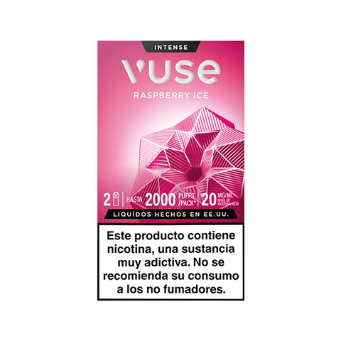 El envase de Vuse Pods - Frambuesa Ice presenta un dibujo geométrico rosa frambuesa. El texto indica que el producto contiene nicotina, es altamente adictivo y no apto para no fumadores. Marca: Vuse.