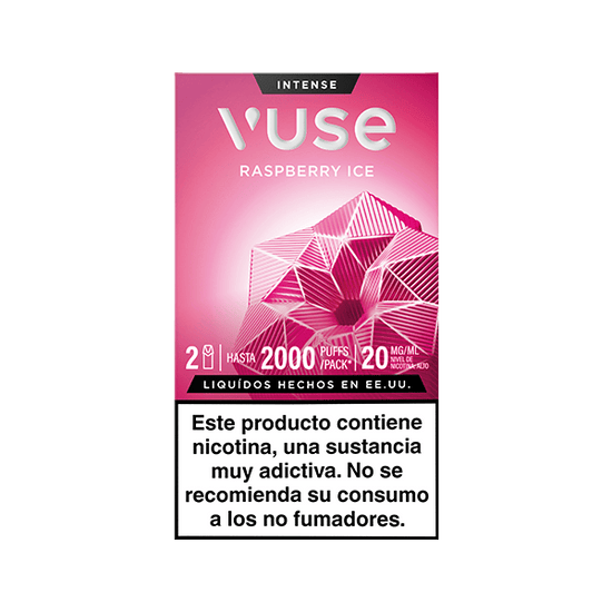 El envase de Vuse Pods - Frambuesa Ice presenta un dibujo geométrico rosa frambuesa. El texto indica que el producto contiene nicotina, es altamente adictivo y no apto para no fumadores. Marca: Vuse.