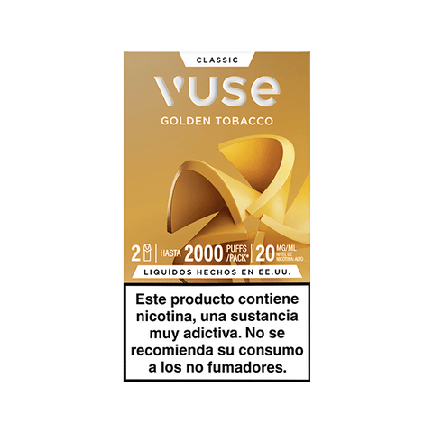 Vuse Pods - Tabaco de Vuse: pack con 2 pods, hasta 2000 caladas, 20mg/ml nicotina. Diseño dorado. Advertencia en español: contiene nicotina, no recomendado para no fumadores.