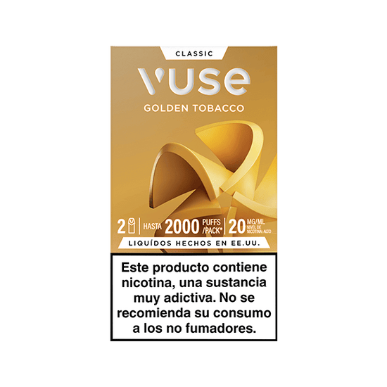 Vuse Pods - Tabaco de Vuse: pack con 2 pods, hasta 2000 caladas, 20mg/ml nicotina. Diseño dorado. Advertencia en español: contiene nicotina, no recomendado para no fumadores.
