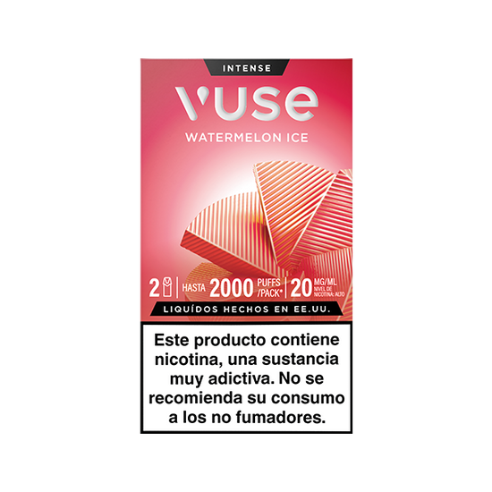 El envase de Vuse Pods - Sandía Ice en rojo y rosa muestra rodajas de sandía, tiene texto para 2000 caladas, 20 mg/mL de nicotina y una advertencia en español sobre la adicción a la nicotina en la parte inferior.