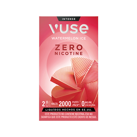 El envase de Vuse Pods - Sandía Ice presenta colores rojo y blanco, rodajas abstractas de sandía, detalles del producto como cero nicotina y 2000 caladas, además de un texto de advertencia en español en la parte inferior. Marca: Vuse.