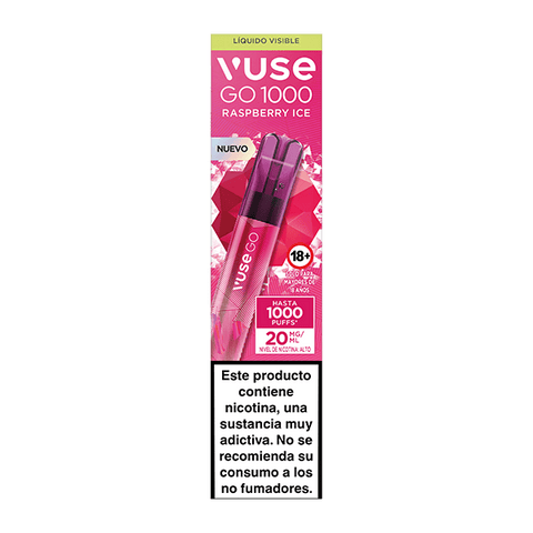 El Vuse Go 1000 - Frambuesa Ice de Vuse se presenta en un envase rectangular de color rosa con imágenes del vape, detalles del producto y una etiqueta de advertencia de nicotina en español en la parte inferior.